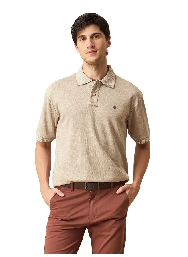 Beyoung Soft Beige Melange Texture Regular Fit Solid Polo Tshirt